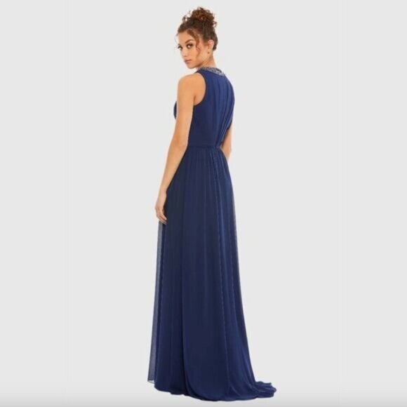 FLAW - MAC DUGGAL Dress 6 Evening Gown Navy Blue Bejeweled Pleated Chiffon #7969 - Picture 5 of 11